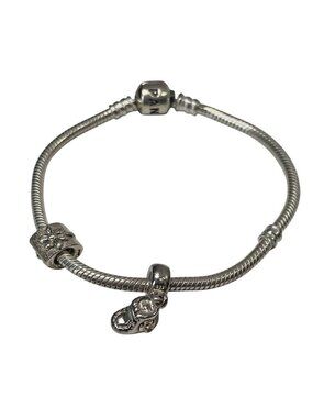 Pandora 925 Sterling Silver Snake Chain Bracelet Baby Shoe Charm Pink CZ Stone